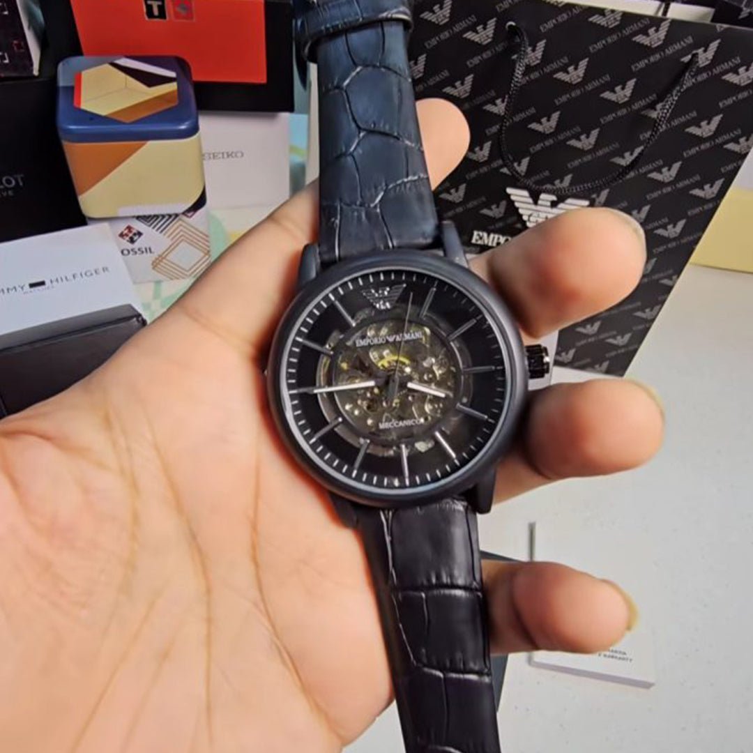 Armani Black Leather Automatic Watch - Image 4